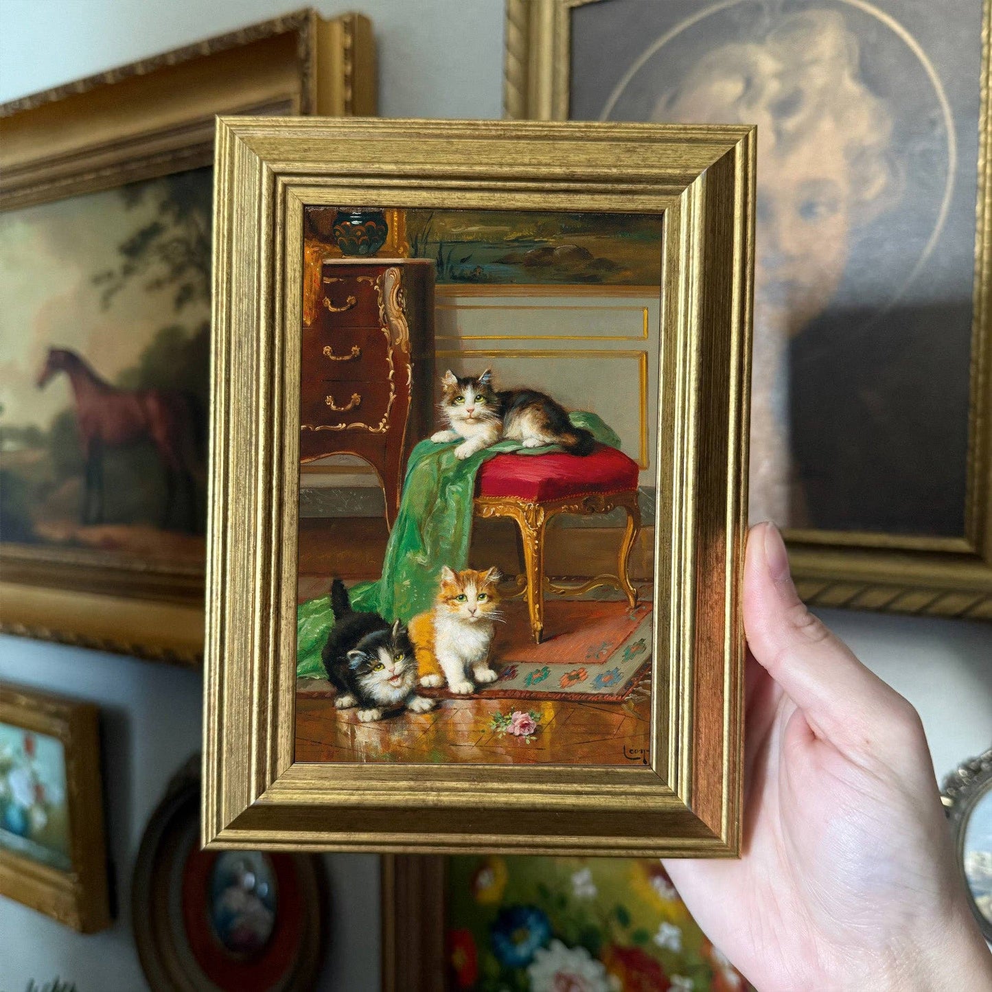 Vintage Style Kitties & French Chair Art Print Framed
