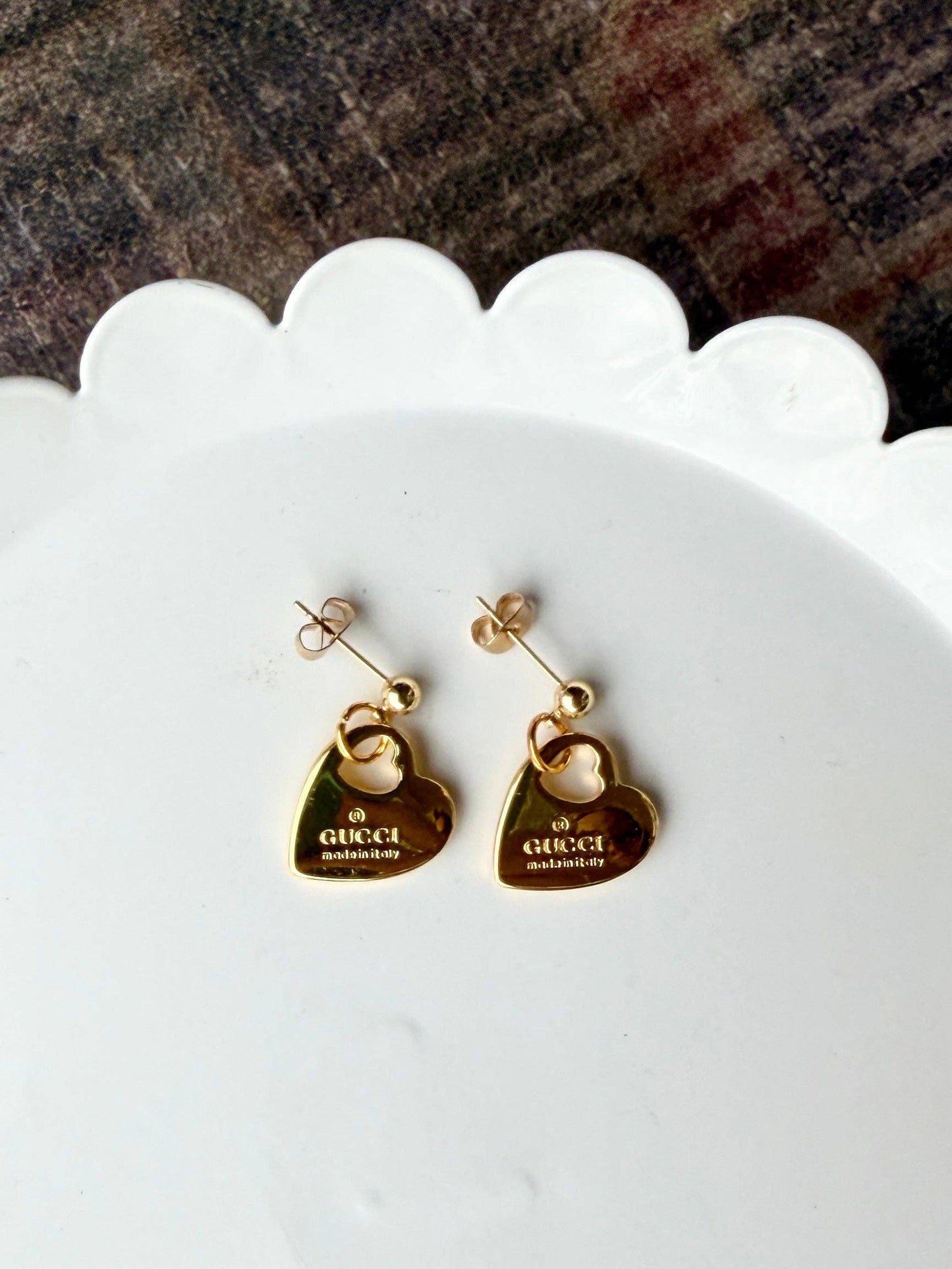 Upcycled Gucci Gold Heart Pendant Earrings