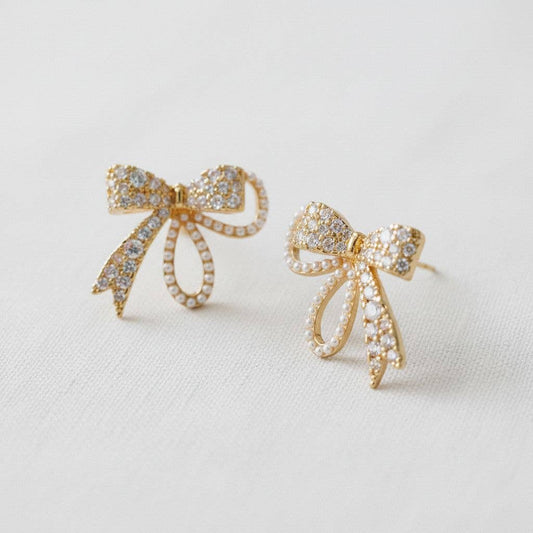 Vintage Inspired Pearl and CZ Bowknot Earrings
