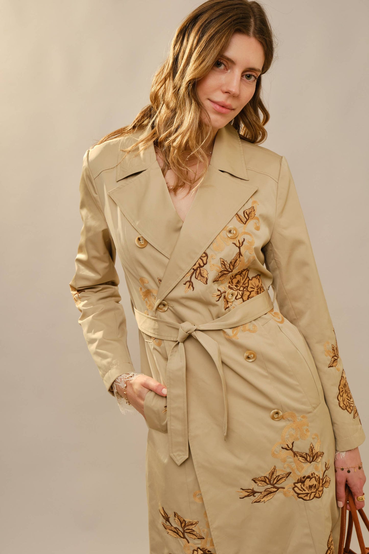 Floral Embroidered Double Breasted Belted Trench Coat