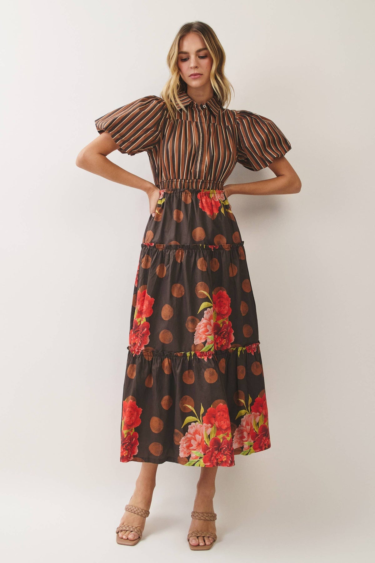Mixed Print Puff Sleeve Tiered Midi Dress