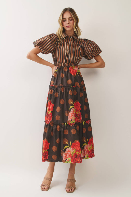 Mixed Print Puff Sleeve Tiered Midi Dress
