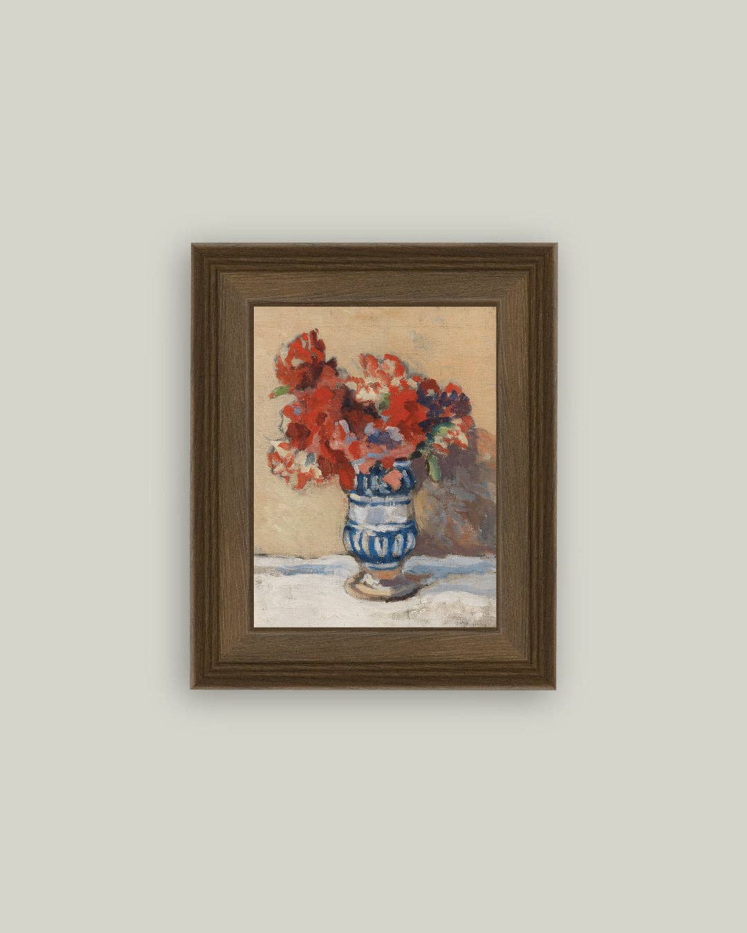 Red Flowers in Blue Vase Framed Antique Art
