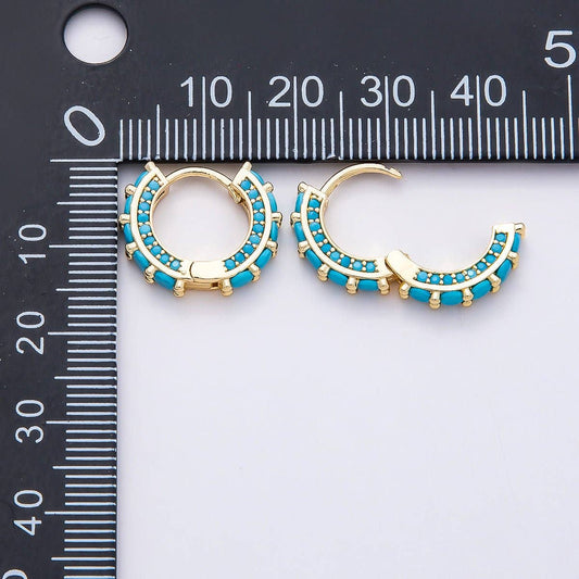 Turquoise Micro Paved Round Huggie Earrings