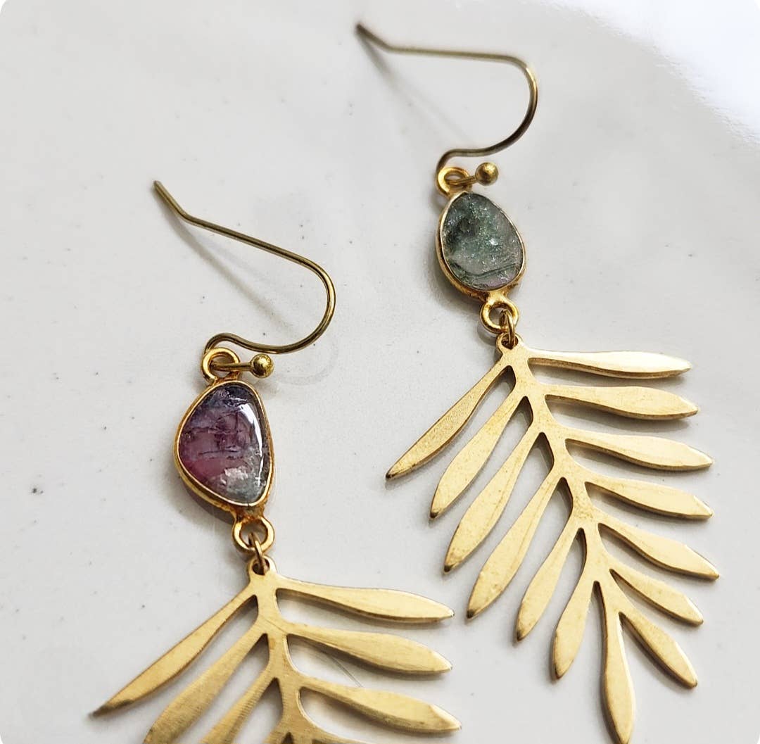 Brass Fern Leaf & Watermelon Tourmaline Dangle Earrings