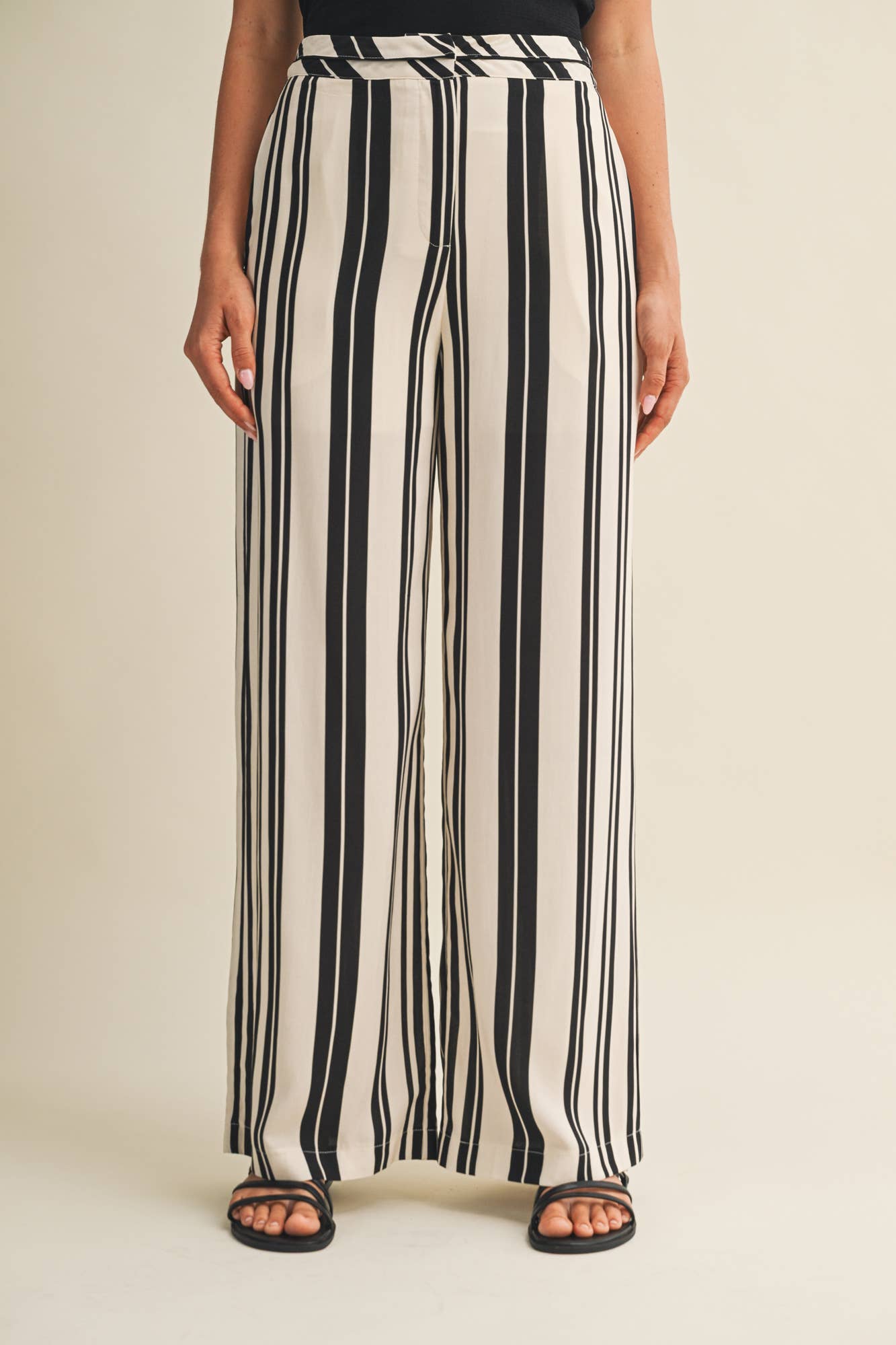 Striped High Waist Wide Leg Pants - Black & White