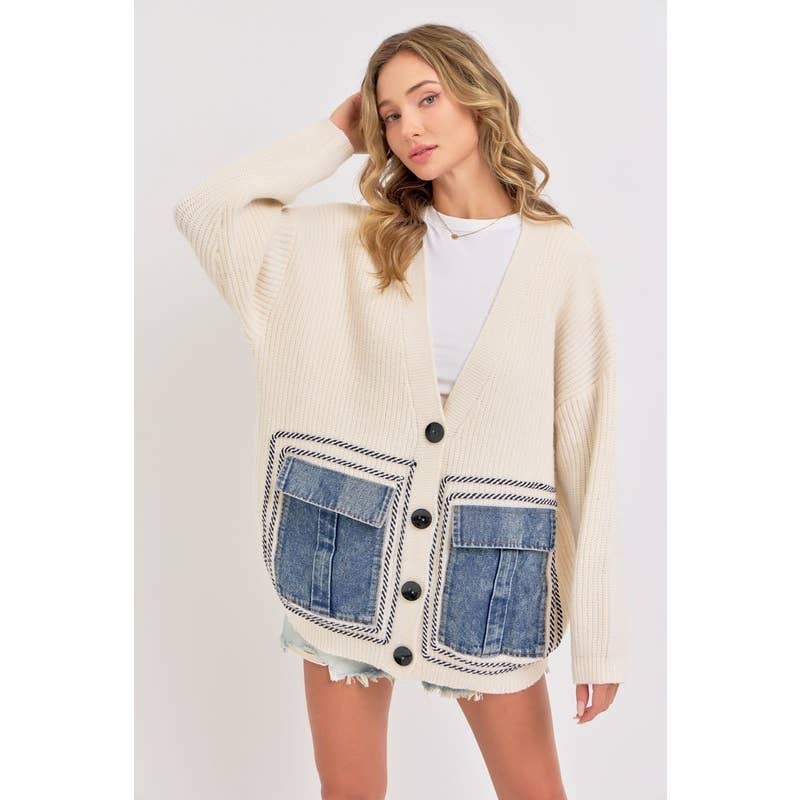Knit Sweater Cardigan with Denim Pockets