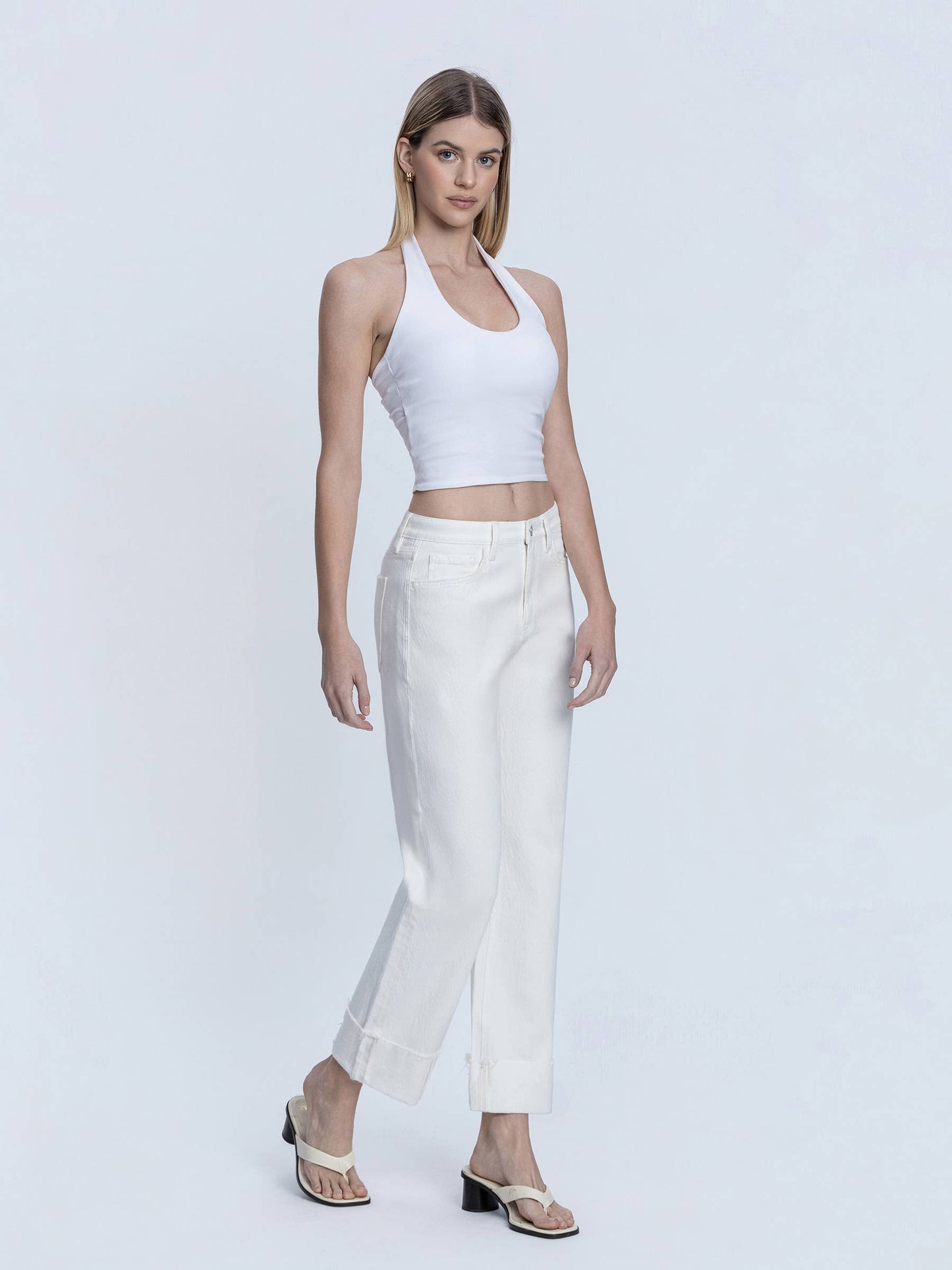 Cuffed Slim Wide Leg Jeans - Optic White