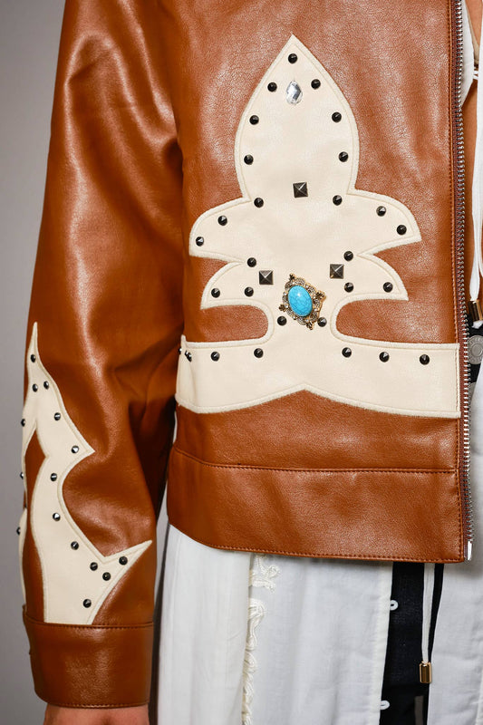 23526J - Faux Leather Studded Oversized Zip-Up Jacket