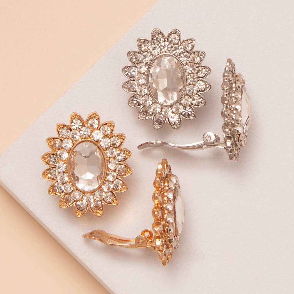 Oval Crystal Center Flower Clip On Earrings
