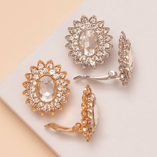 Oval Crystal Center Flower Clip On Earrings