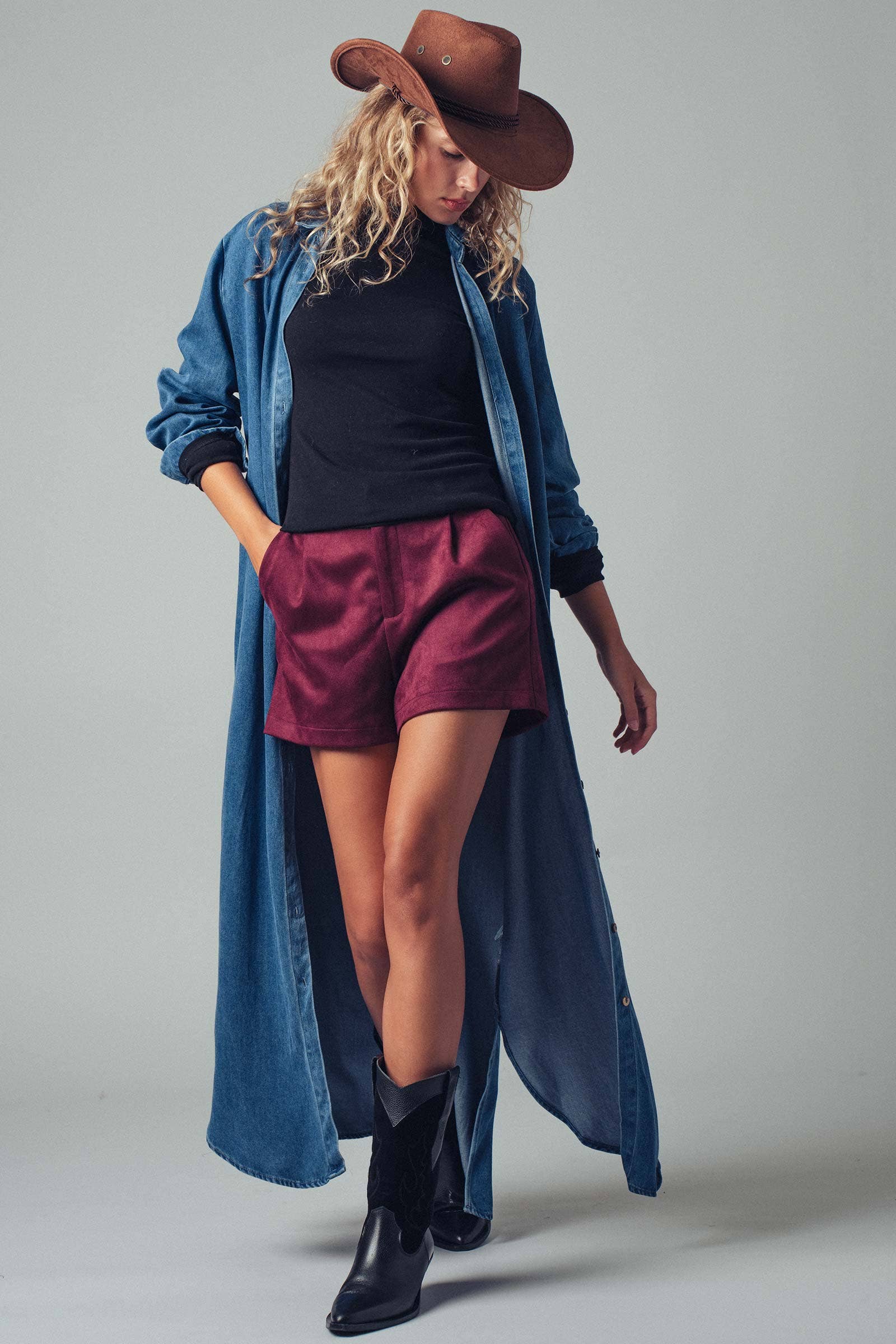 western denim midi dress Long Sleeve Denim Midi Dress For Women - Blue Western Style Button Front Split Front Bodycon Jean Dress