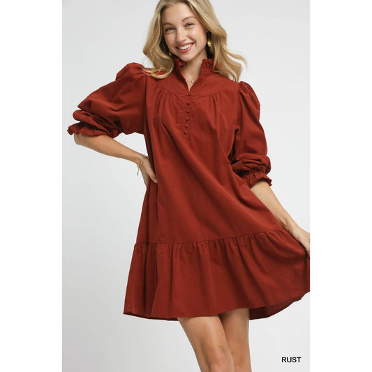Corduroy Ruffle Mock Neck Puff Sleeve Tiered Dress