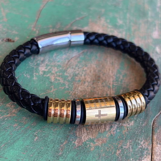 Our Father Two Tone Stainless Steel Leather Bracelet