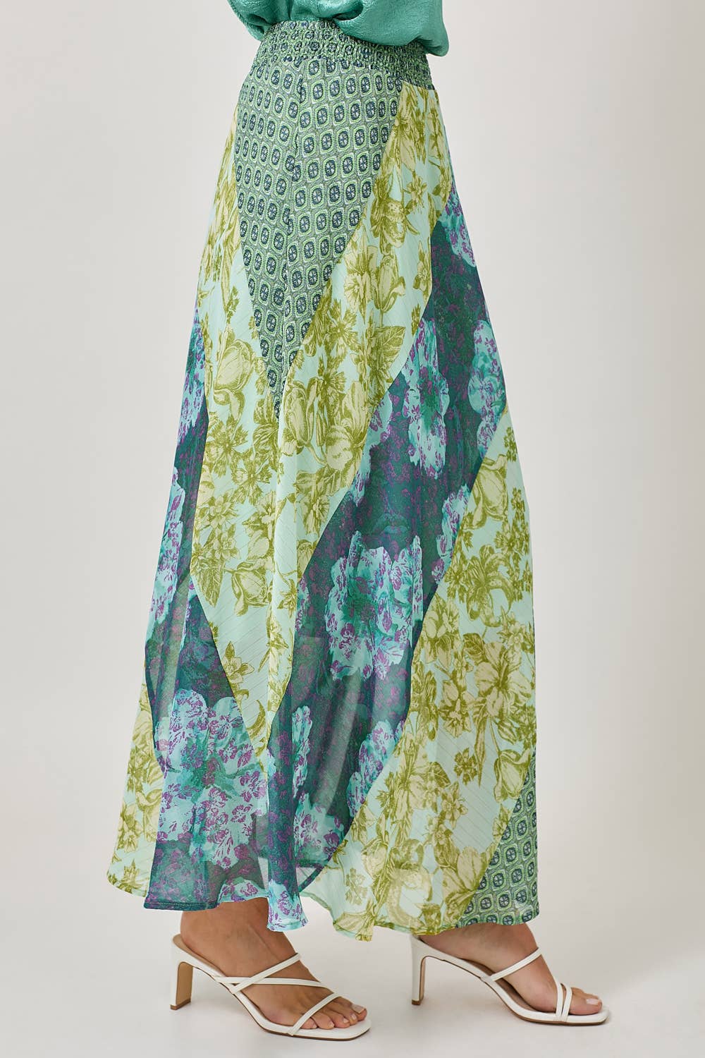 Mixed Print Flowy Midi Skirt - Green
