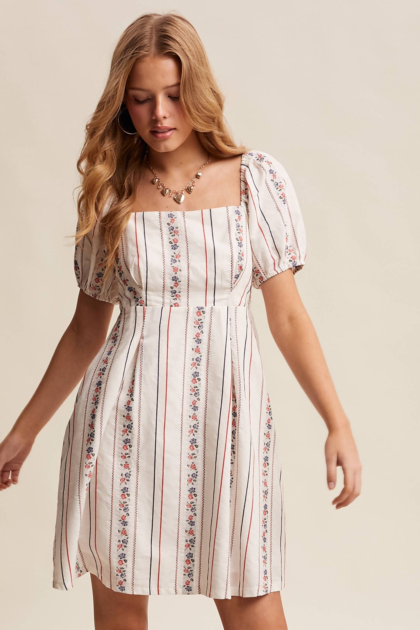 Floral Stripe Puff Sleeve Dress
