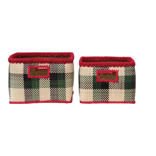 Hand-Woven Baskets with Check Pattern, Set of 2