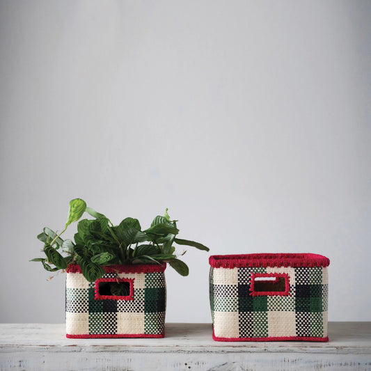 Hand-Woven Baskets with Check Pattern, Set of 2