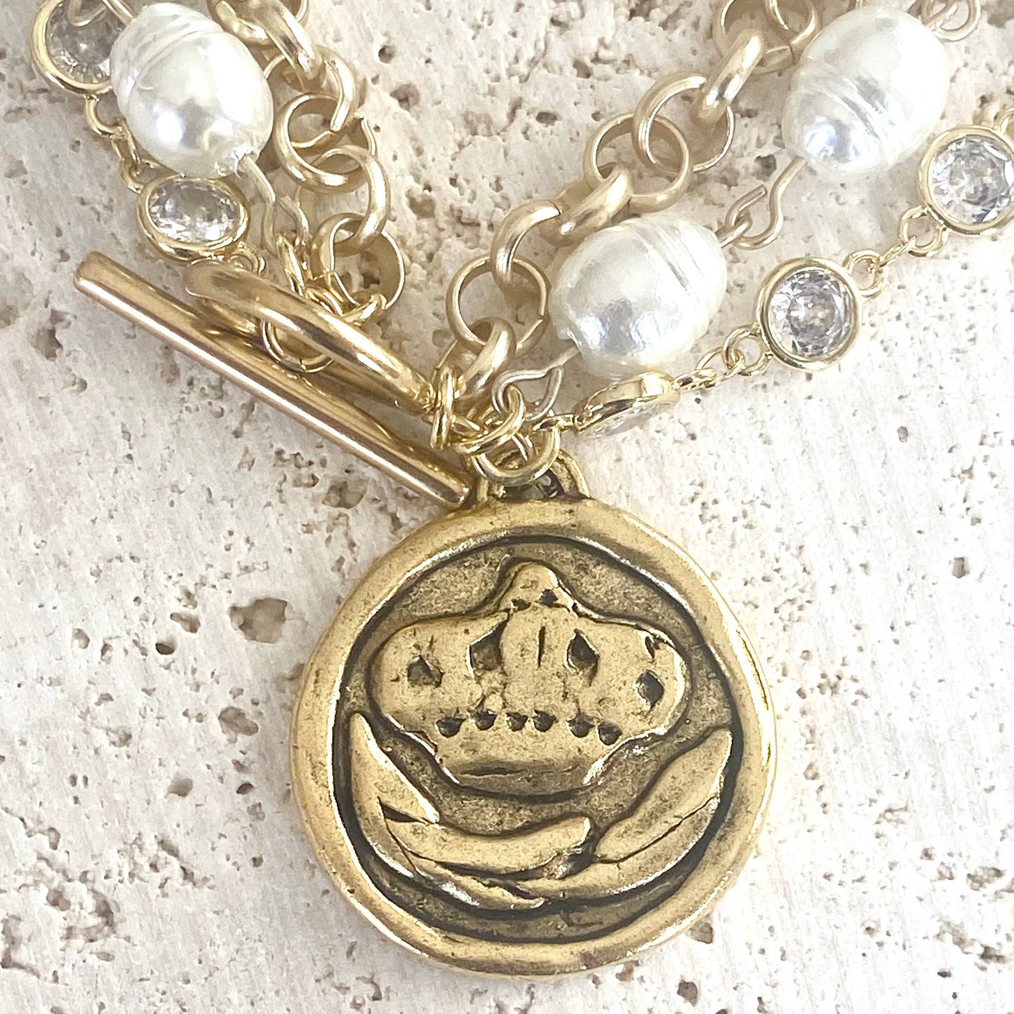 Bee and Crown Coin Triple Layer Bracelet - Gold