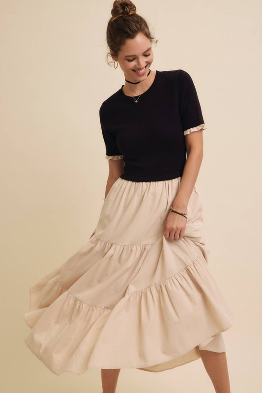 TIERED MIDI DRESS WITH SWEATER TOP AND WOVEN SKIRT