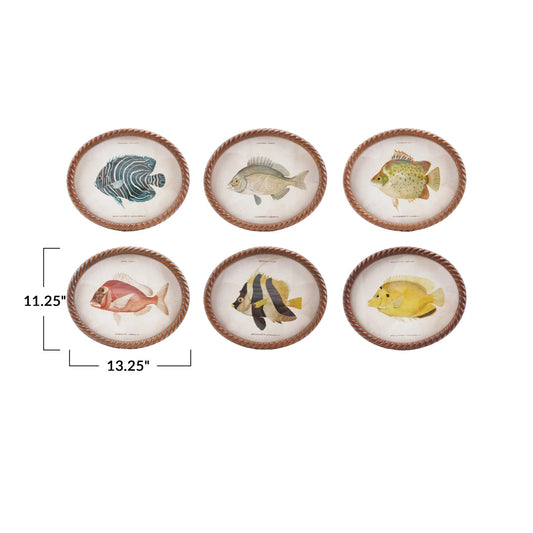 Oval MDF Twisted Framed Glass Wall Décor w/ Vintage Reproduction Fish Image, 6 Styles