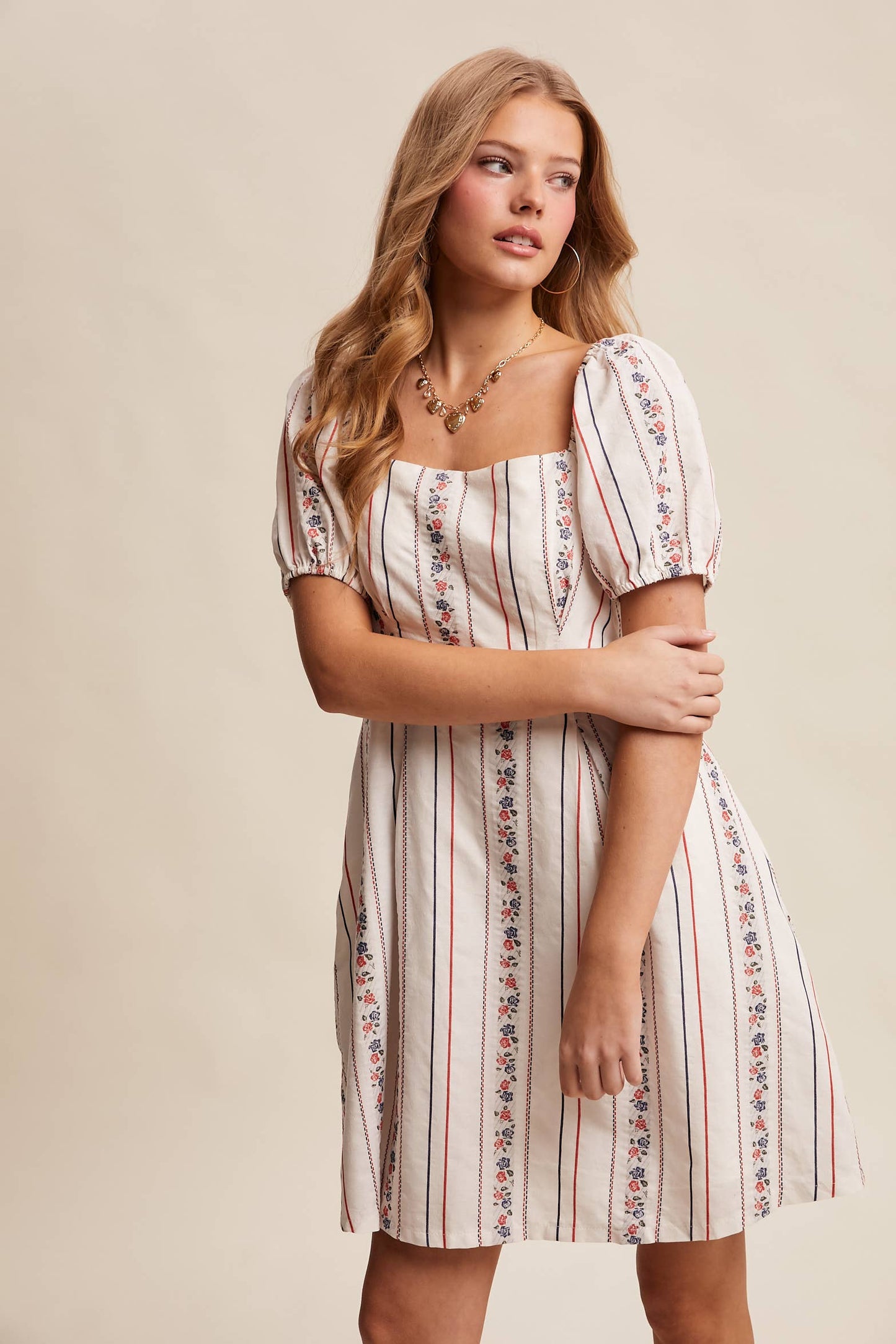 Floral Stripe Puff Sleeve Dress