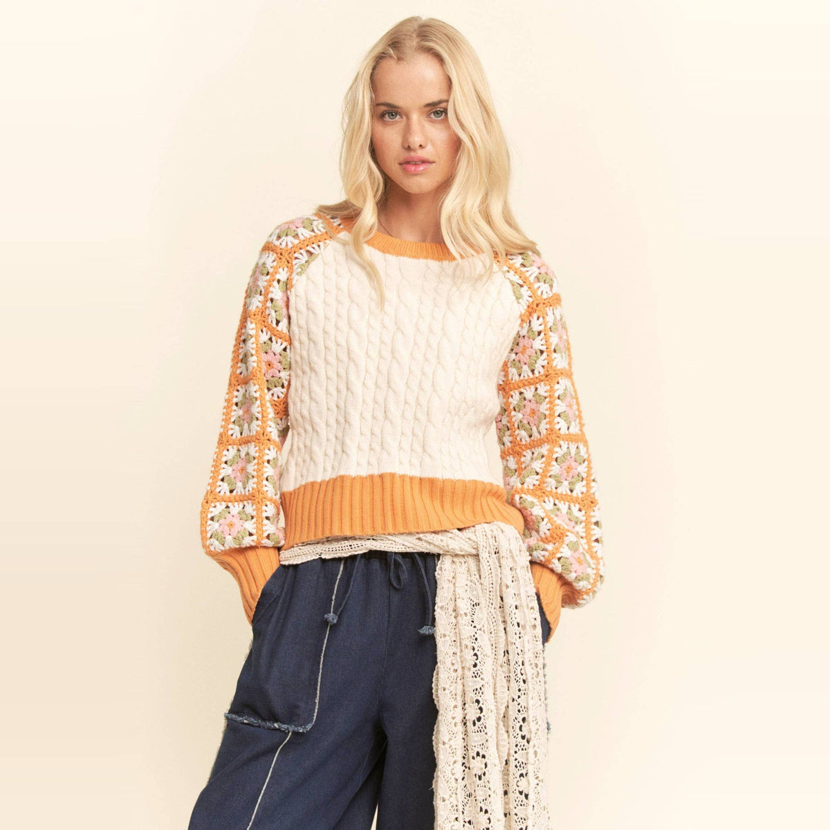Cable Knit Sweater With Crochet Floral Sleeves