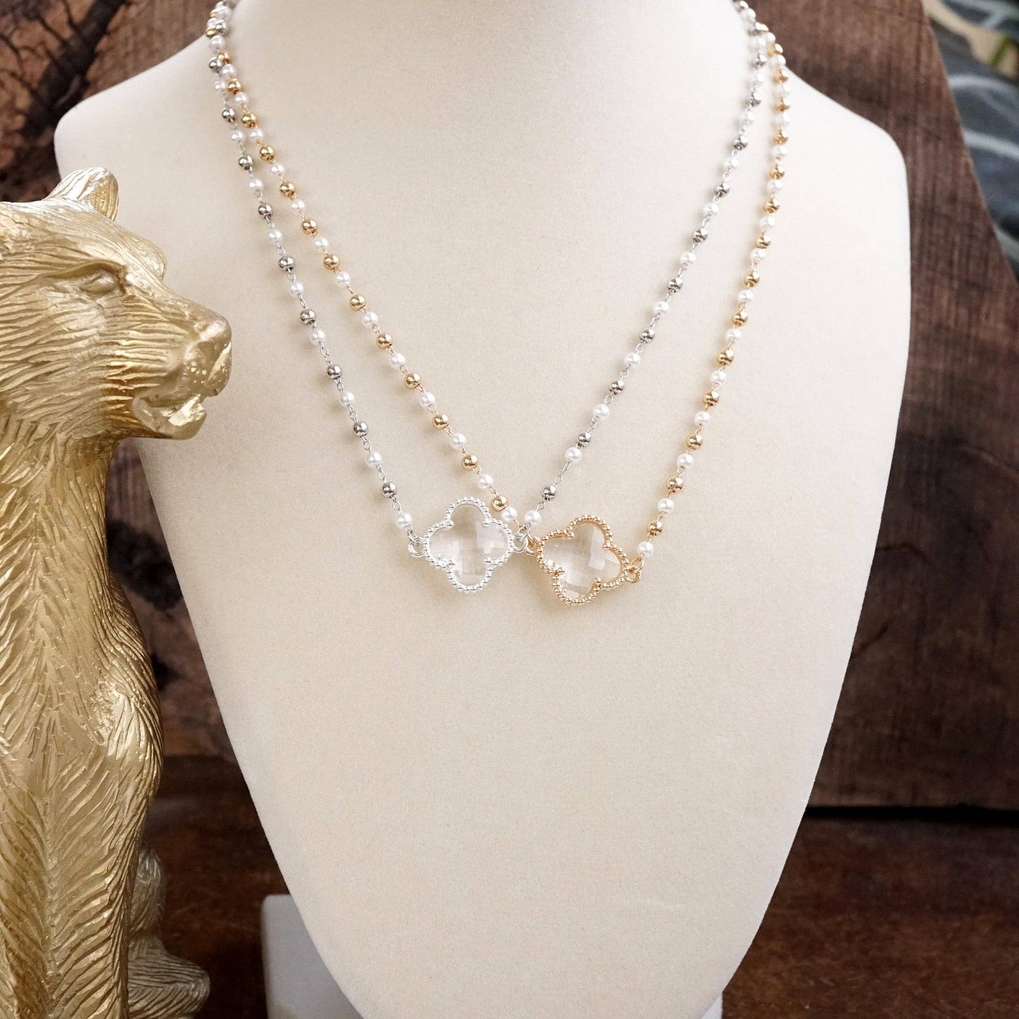 Lucky Light Clover Pendant Necklace with Pearls - Gold or Silver
