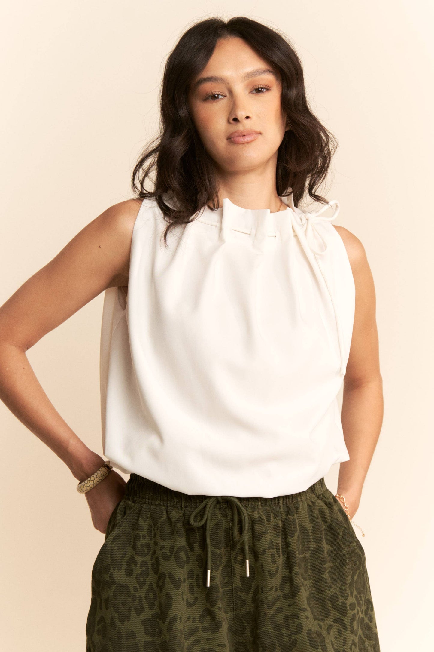 Cowl Neck Tie Detail Sleeveless Top