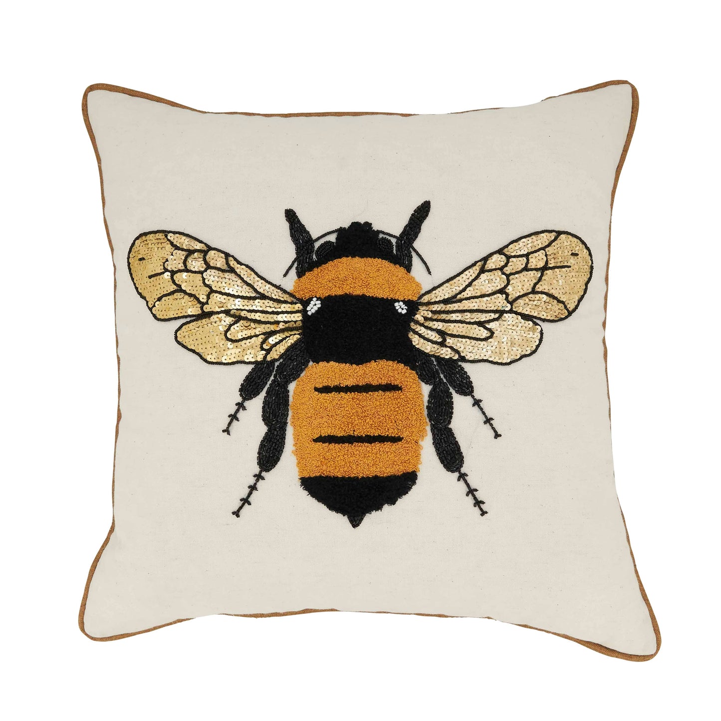 Natural pillow with embroidered bumble bee and gold wings