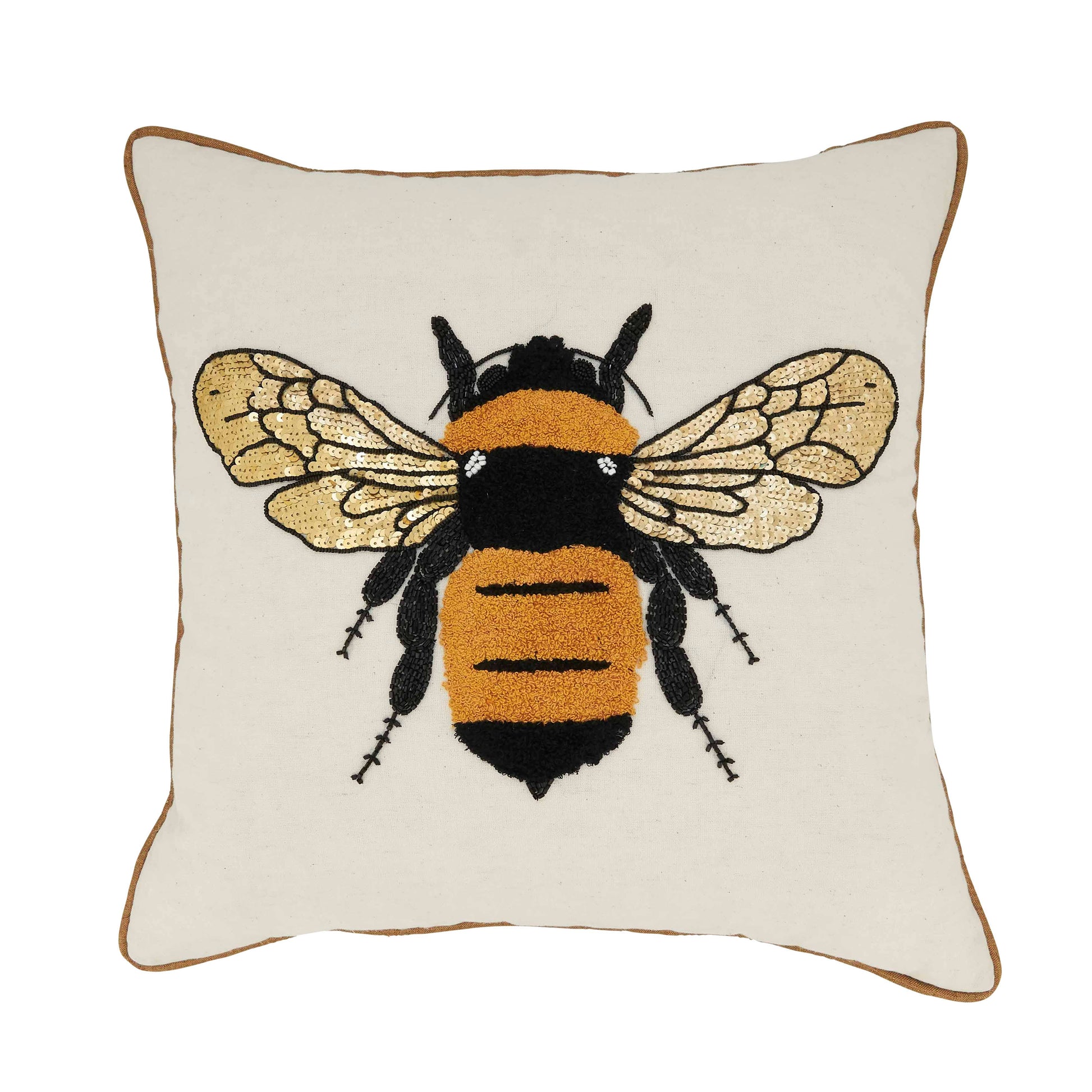 Natural pillow with embroidered bumble bee and gold wings