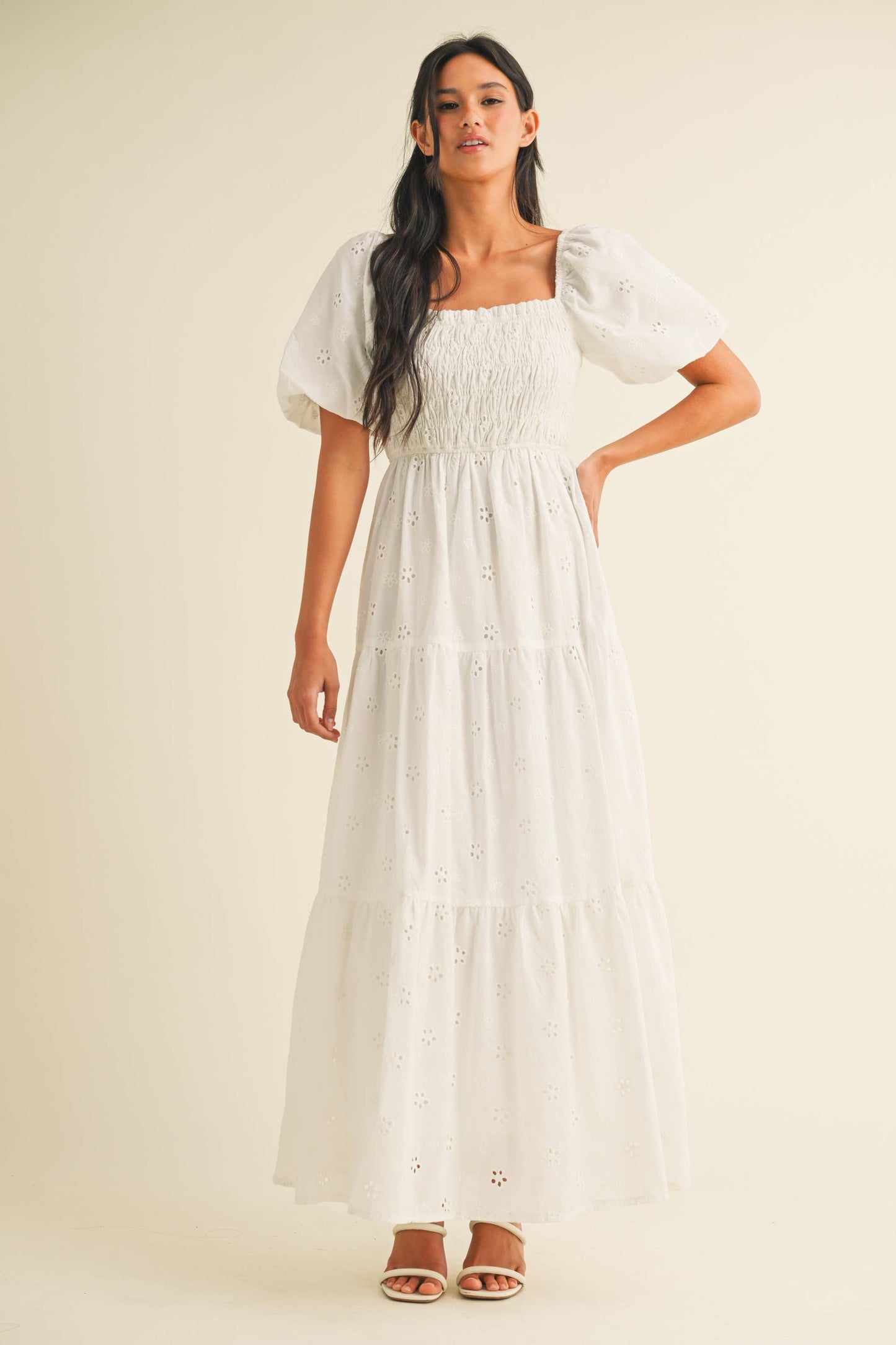 ID8852 EYELET PUFF SLEEVES MIDI DRESS WITH SMOCKING
