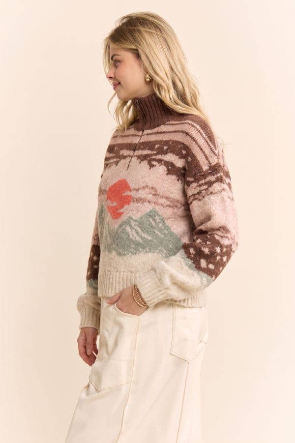 Scenic Mountain Landscape Half-Zip Sweater