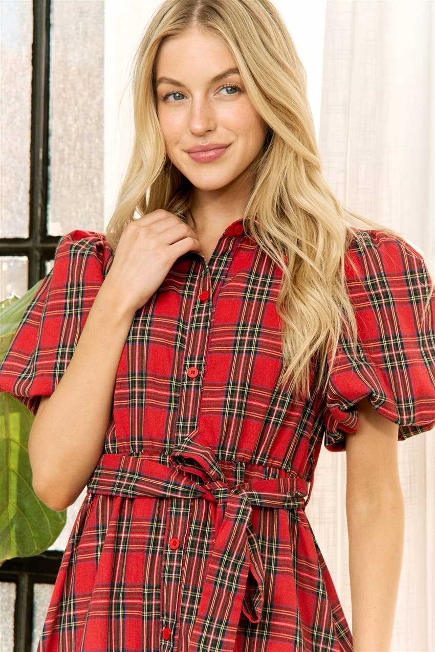 HOLIDAY PLAID SHIRT TIERED MAXI DRESS