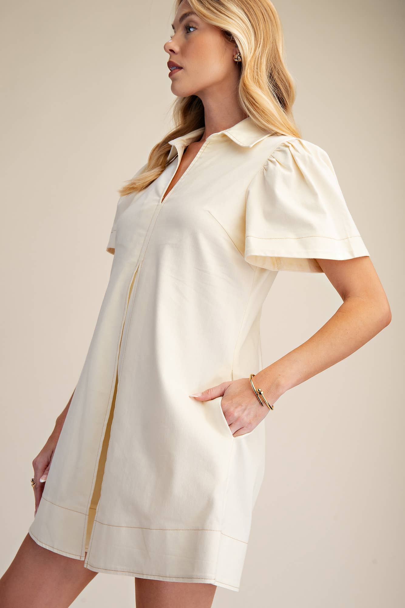 LAST CHANCE - Collared V-Neck Pleated Mini Dress