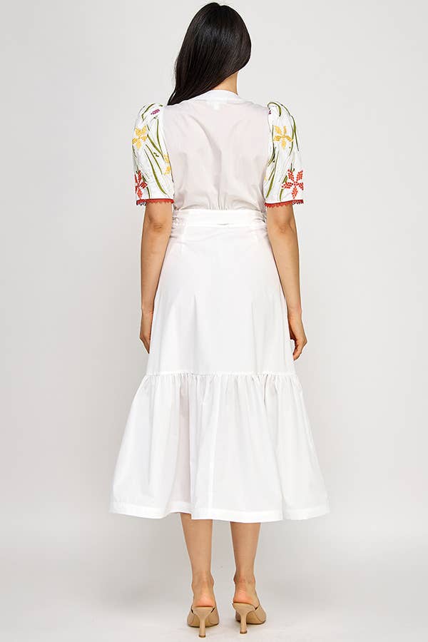 LAST CHANCE - Floral Embroidered Puff Sleeve Wrap Midi Dress - size S