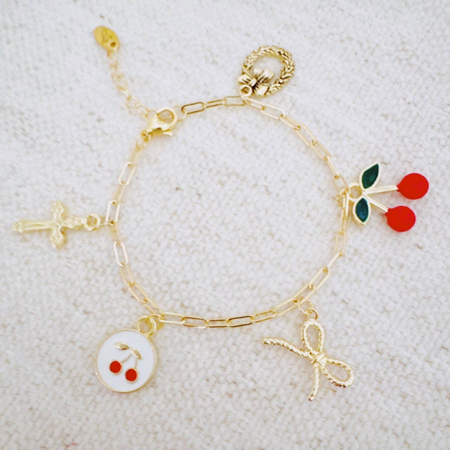 Cherry Chic Charm Bracelet – Bow, Cross & More