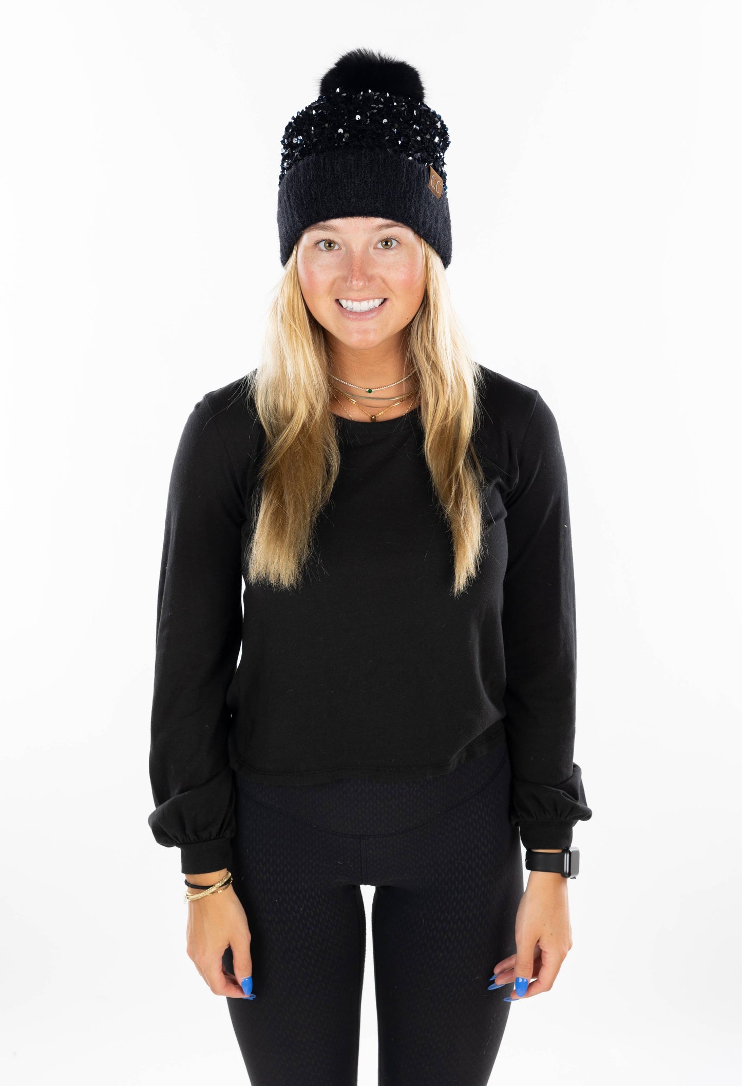 Sequin Pom Beanie - Chunky Sequin - Black