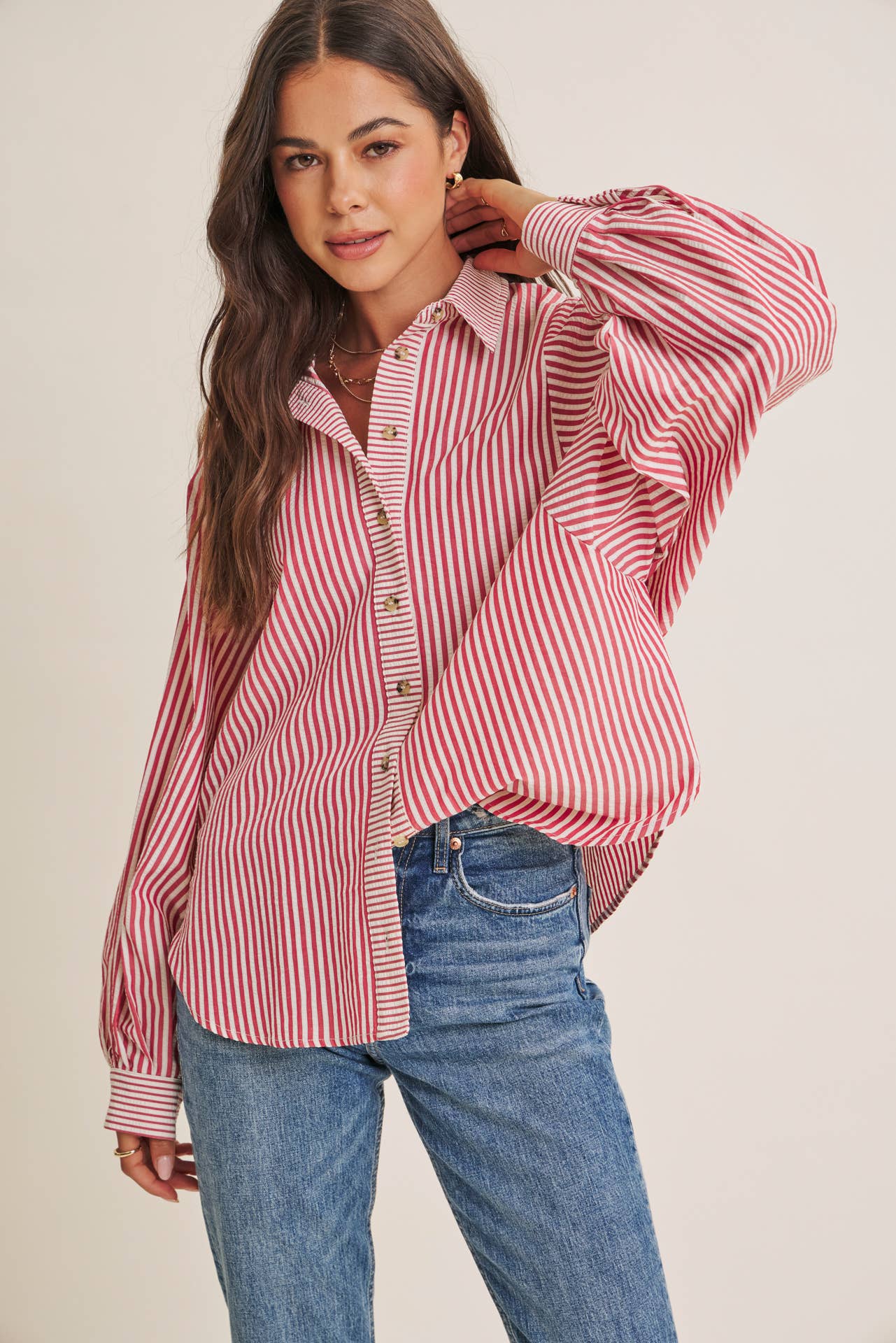 FRENCH CAFE EFFORTLESS DRAPE BATWING BUTTON-DOWN SHIRT