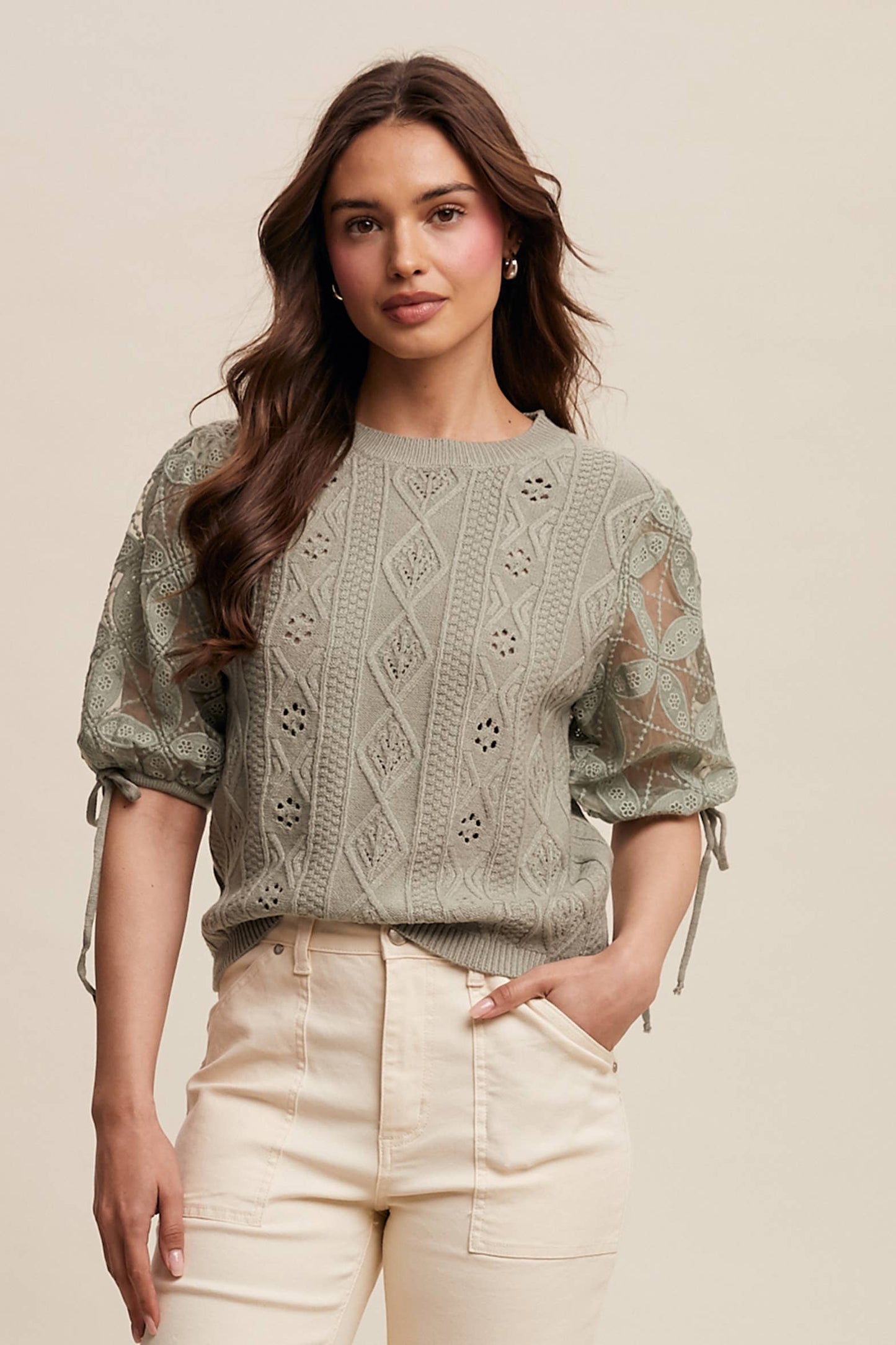 Eyelet Puff Sleeve Knit Sweater Top