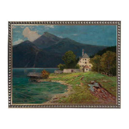 Vintage watercolor house and water