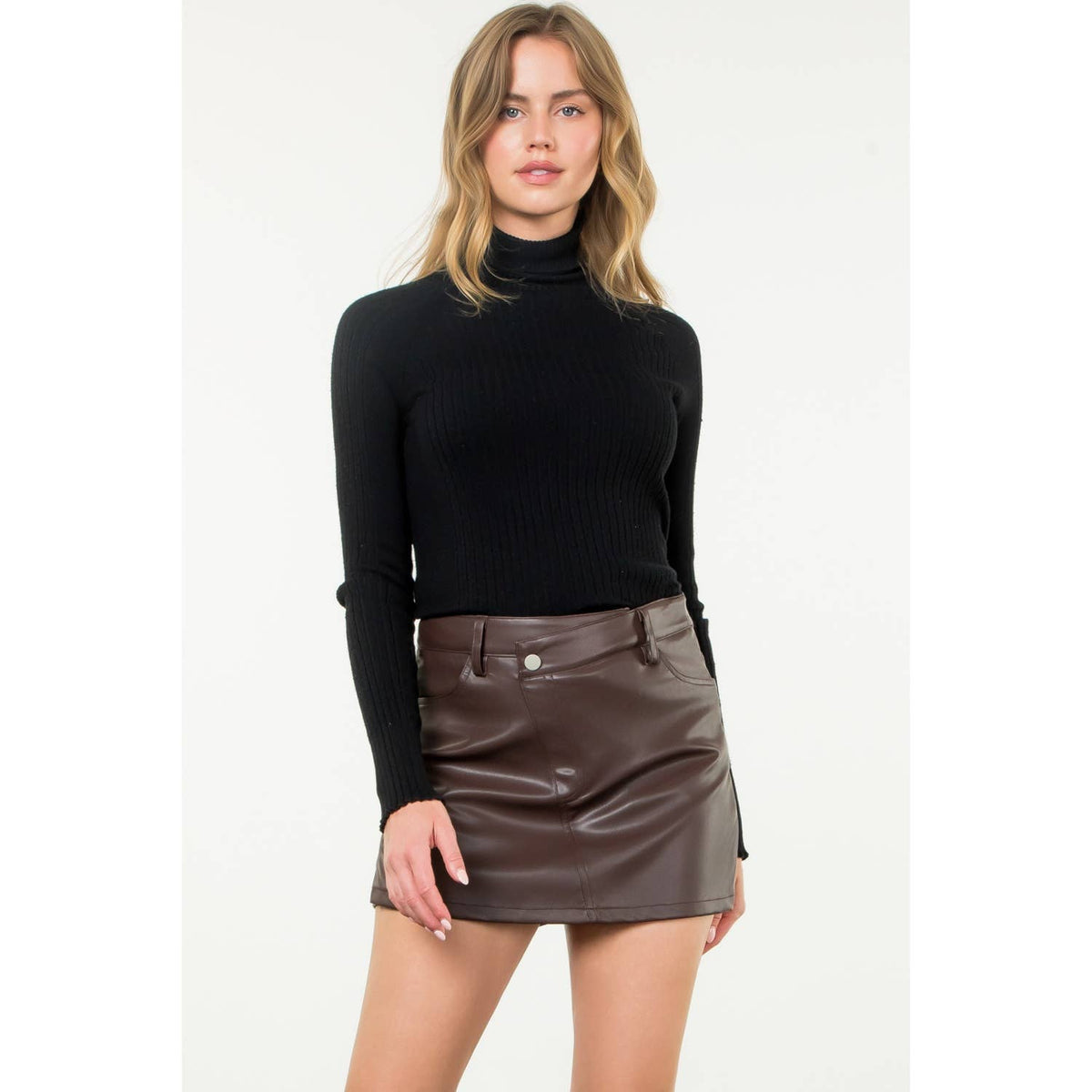 Leather Button Front Mini Skort