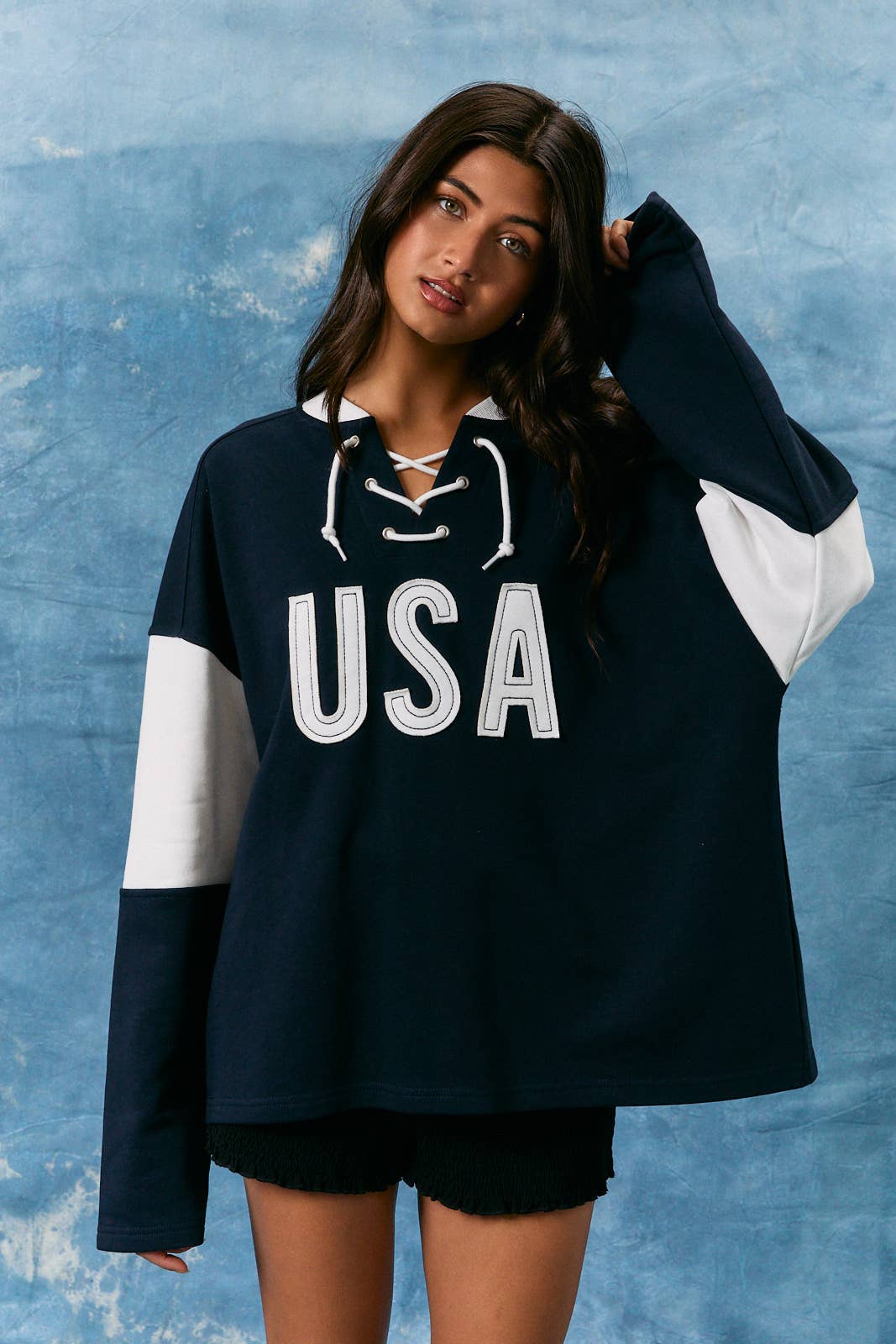 "USA" LONG SLEEVE CREW NECK COLOR BLOCKED OVERSIZED SHIRTS