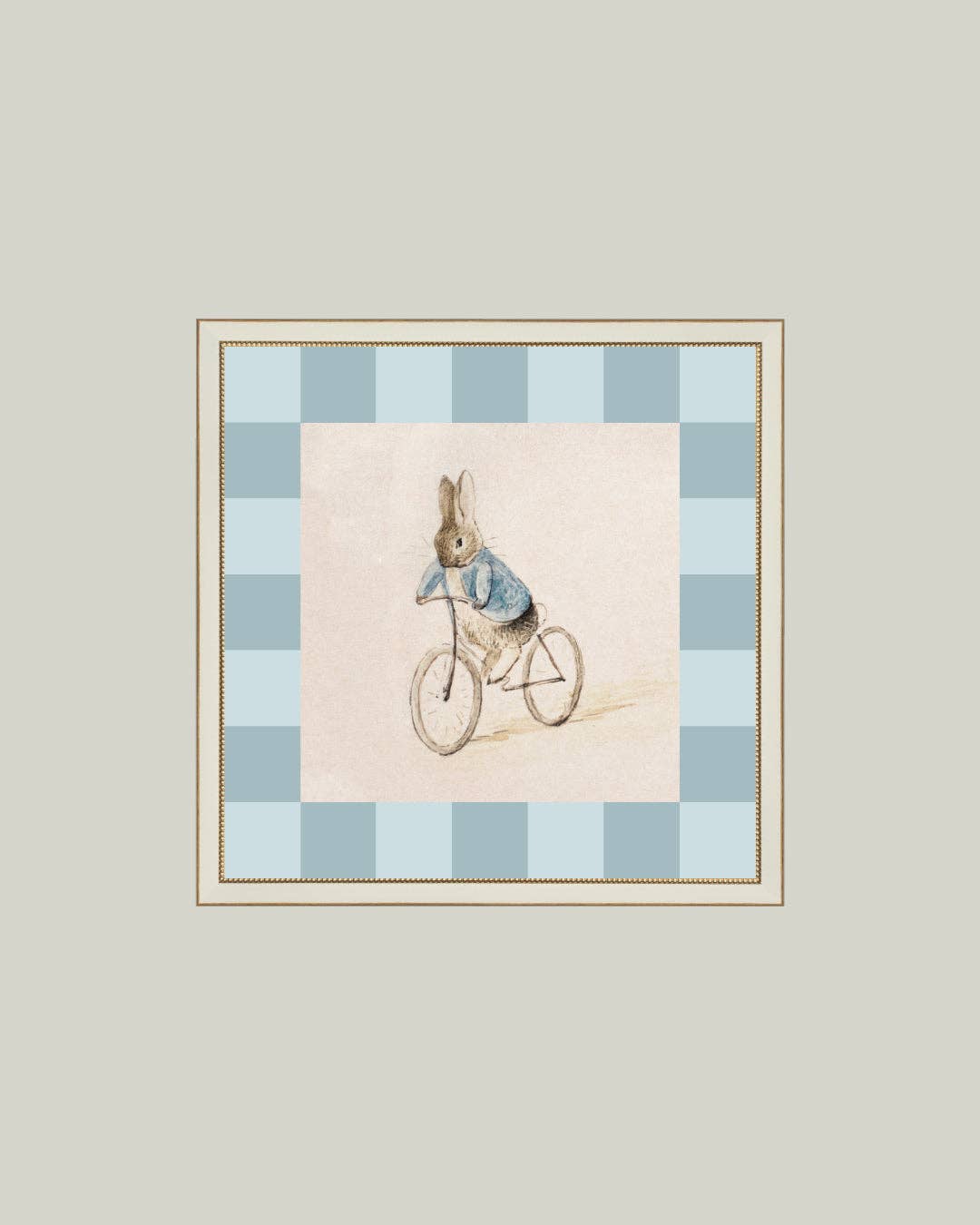 Checkered Biking Bunny Framed Antique Art