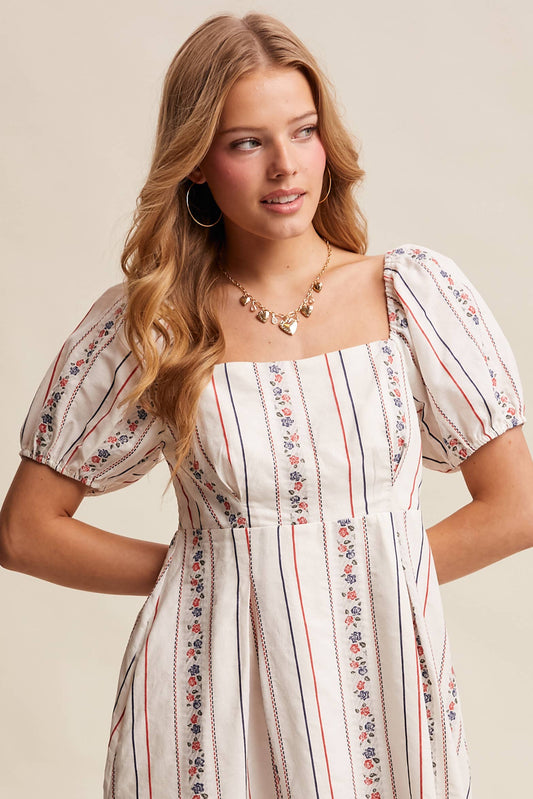 Floral Stripe Puff Sleeve Dress