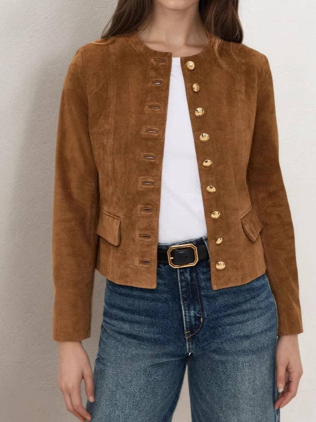 Brown Suede Cropped Jacket with Gold Button Detail