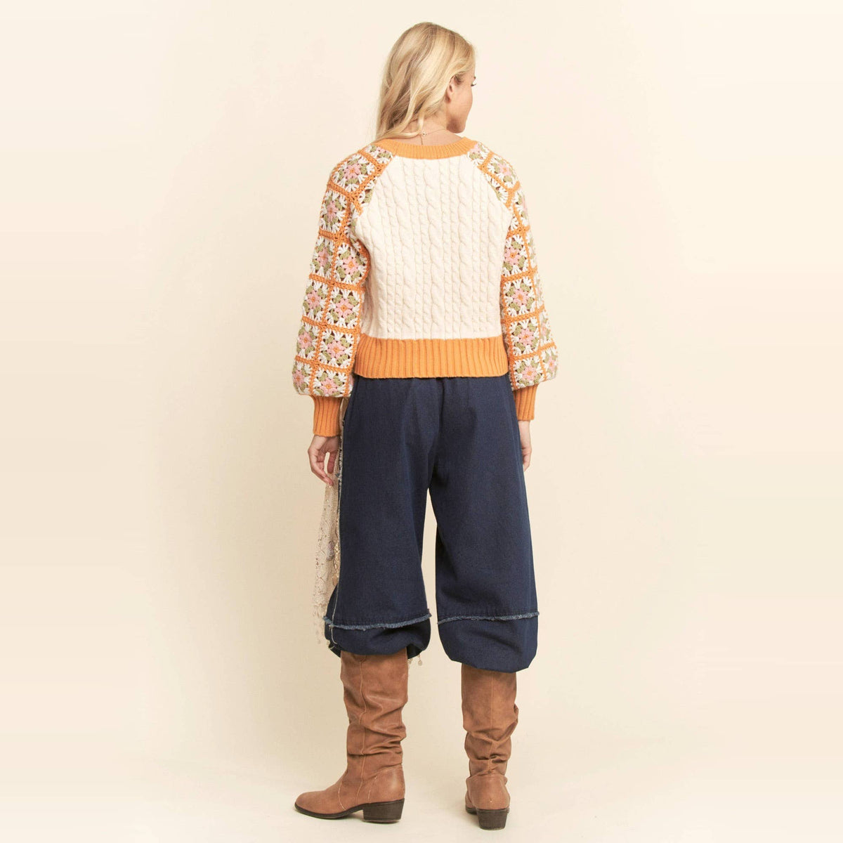 Cable Knit Sweater With Crochet Floral Sleeves