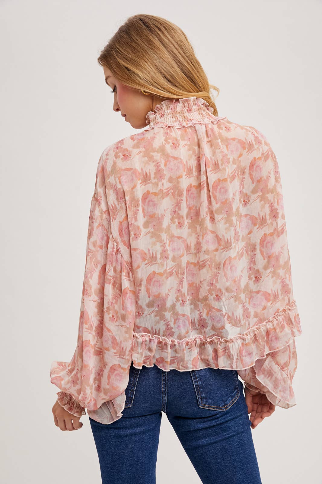 FLORAL PRINT RUFFLED MOCK NECK CHIFFON TOP