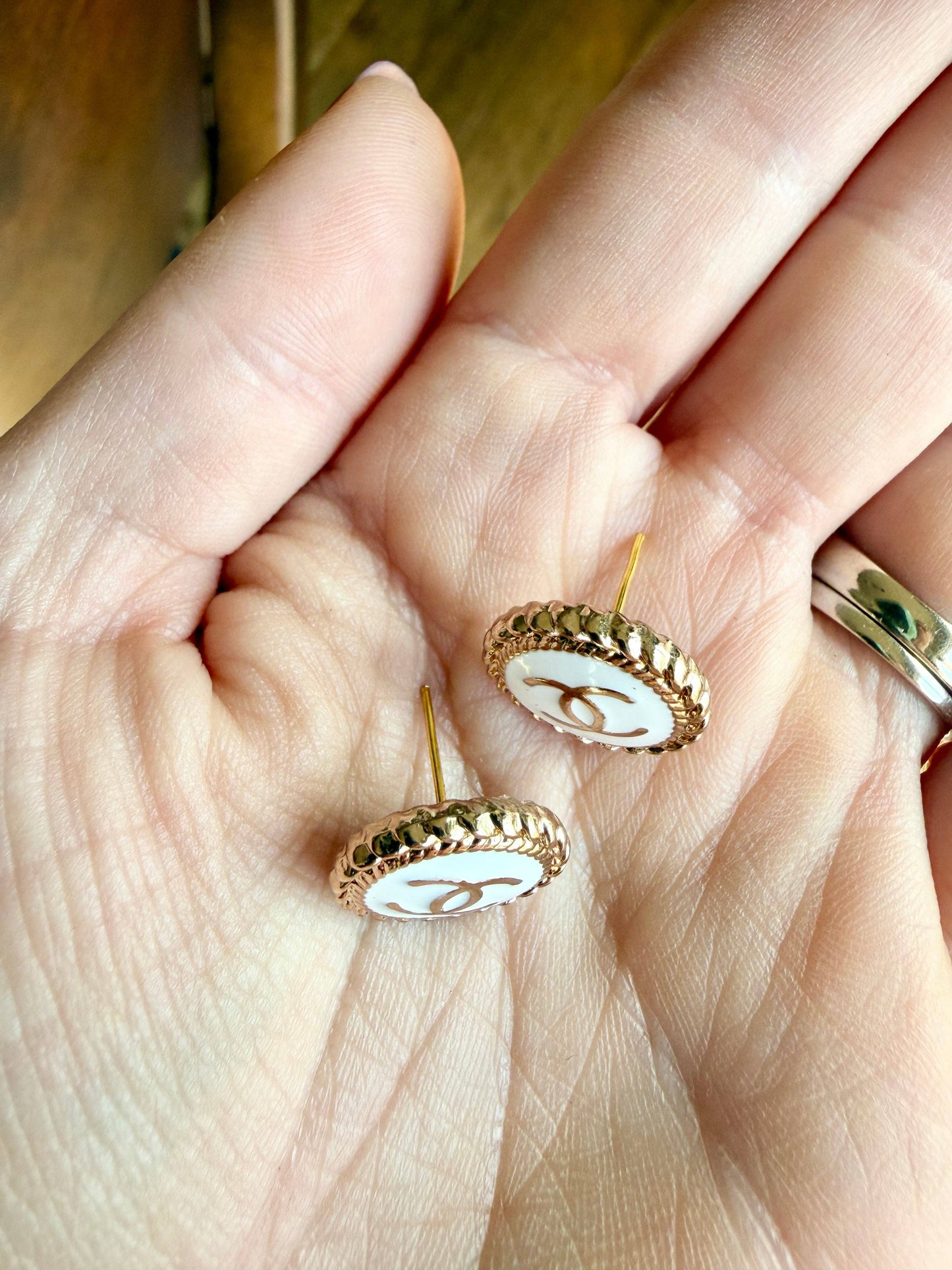 Upcycled CC White & Gold Circles Pendant Earrings