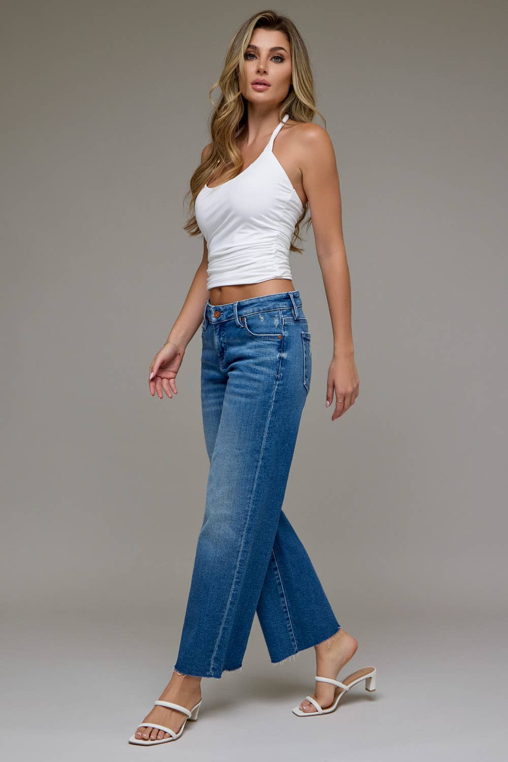 Medium Wash Stretch Low Rise Cropped Classic Straight